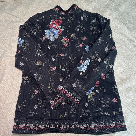 Denim&Co Dark Jean Jacket with Colorful Embroidery - Picture 7 of 12